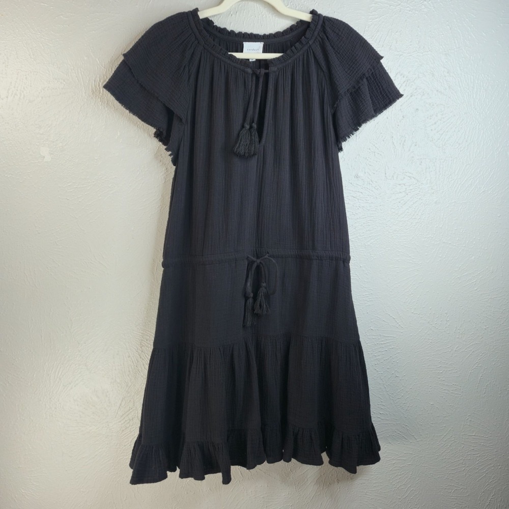 Sundays Tired Mini Dress M Black Gauze‎ Short Sleeve Layered Tassel Boho Coastal